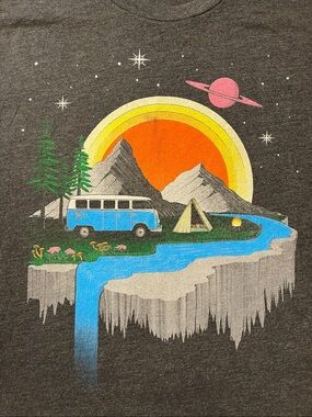 Curbside Men’s Space Galaxy Camping Van Black Short Sleeve Crewneck T-Shirt LG